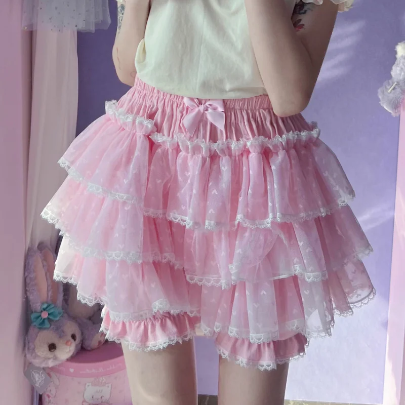 

Милые розовые и белые брюки в стиле Харадзюку Y2k с тыквой, женские японские милые кружевные сетчатые Лолиты с оборками, Защитные шорты, Симпатичные JK шаровары