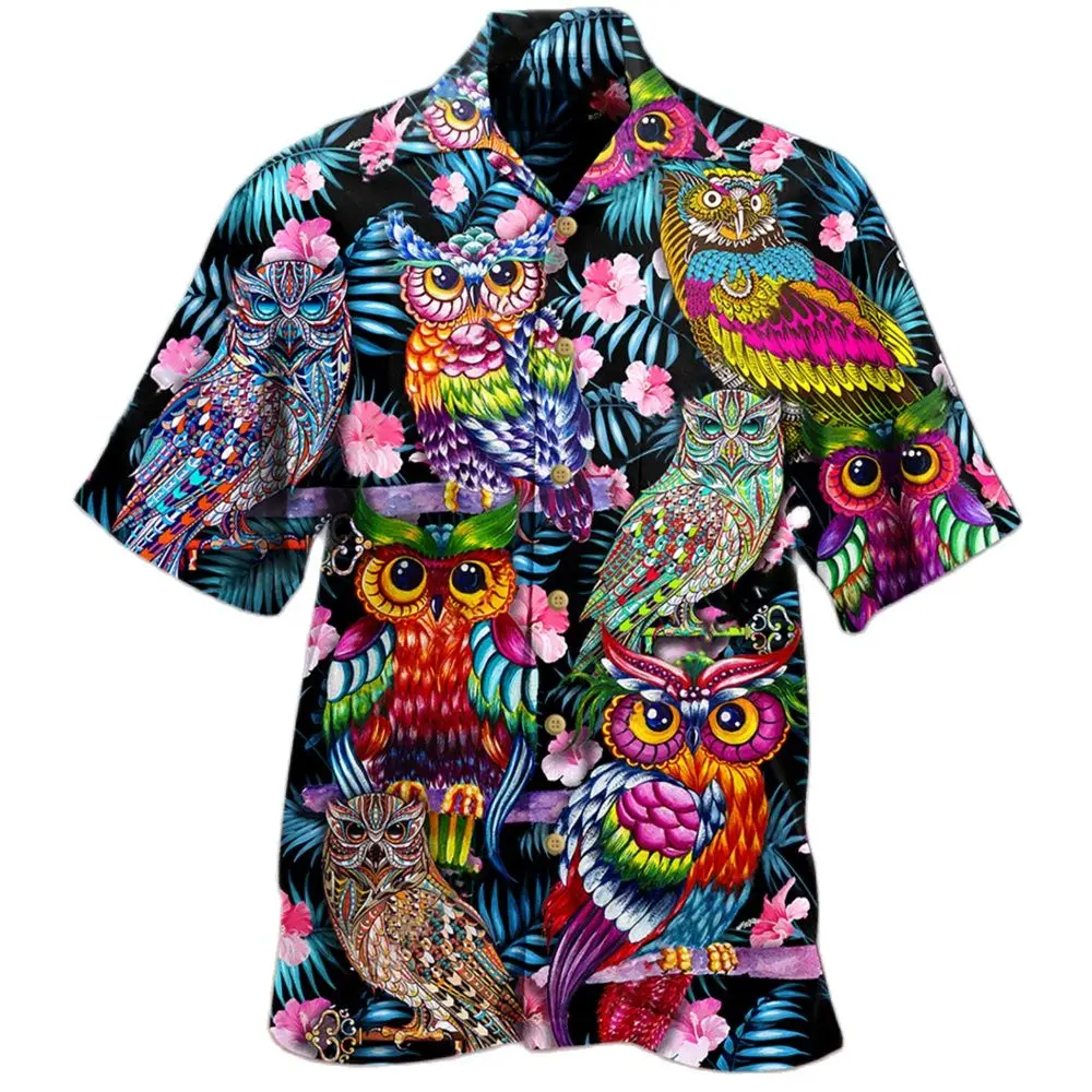 

Funny Owl Print Shirt for Men Cartoon Color Men's Shirt Hawaii Cuban Collar Beach Vacation Short Sleeve Top Men Clothing Tshirt