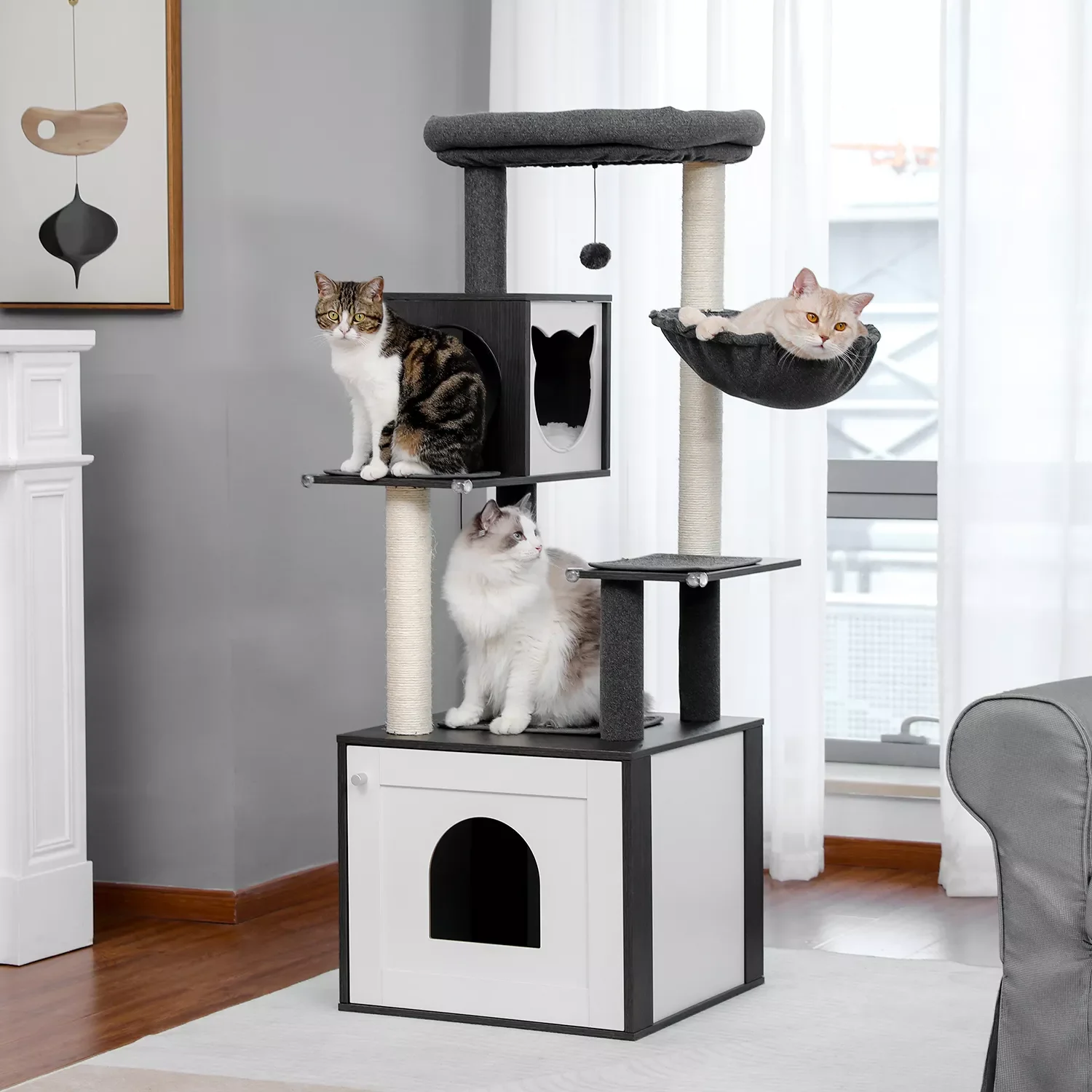 NEW2023 Modern Cat Tree Wood Cat Tower with Storage Cabinet Litter Box Enclosure and Spacious Cat Condo, Large Top Perch and Ham
NEW2023 Modern Cat Tree Wood Cat Tower with Storage Cabinet Litter Box Enclosure and Spacious Cat Condo, Large Top Perch and Ham