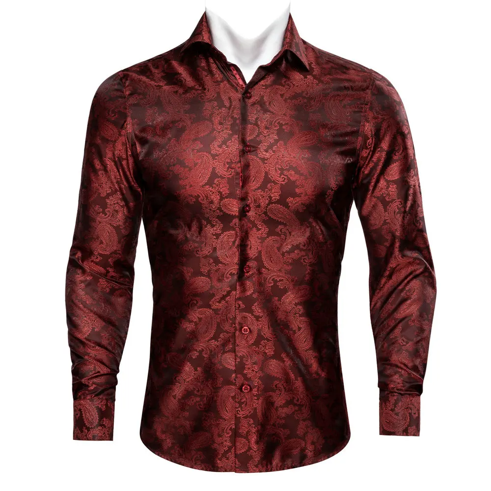 

Novelty Wine Red Paisley Long Sleeve Polyester Mens Shirt Casual Fit Jacquard Turndown Collar Business Wedding Party Barry.Wang