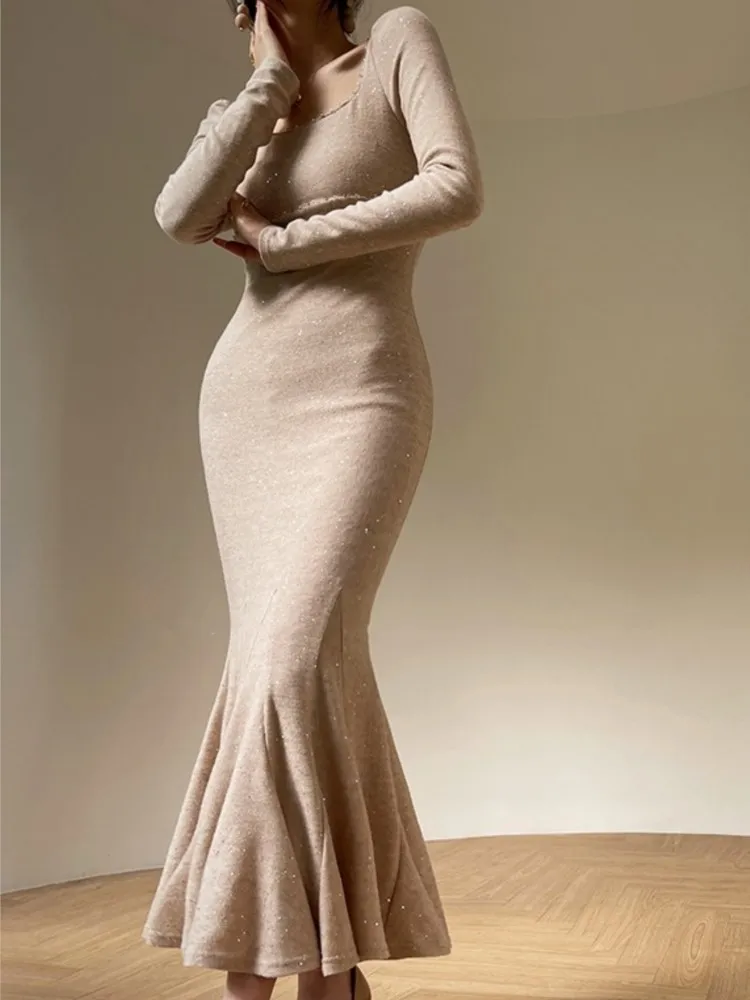 

Женское облегающее платье-Русалка, элегантное вечернее платье с длинным рукавом и квадратным вырезом, новое однотонное платье макси, осень 2023