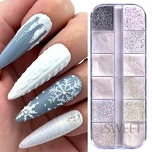 12 Grids Shiny White Sugar Nails Glitter Powder Holographic Snow Candy Pigment Winter New Year Sweater Yarn Dust Manicure Decor