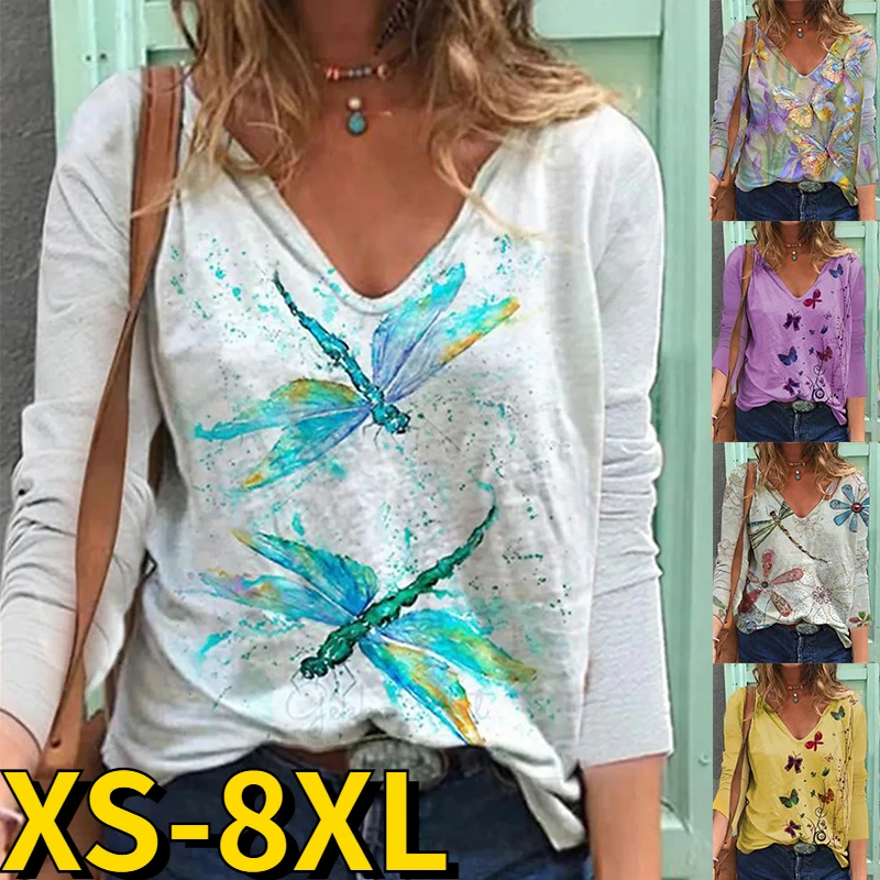 2022 Autumn Winter Women's Daily Street Top Fashion Dragonfly Printed T-shirt Casual Loose Size Long Sleeve V-Neck Tee Shirt
2022 Autumn Winter Women's Daily Street Top Fashion Dragonfly Printed T-shirt Casual Loose Size Long Sleeve V-Neck Tee Shirt