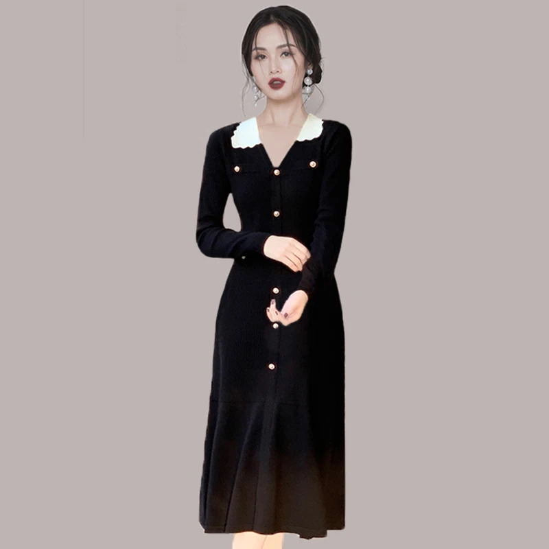 Women's New Autumn High-end Temperament Doll Collar Long Sleeve Contrast Color Medium Long Knitted Split Fishtail Dress
Women's New Autumn High-end Temperament Doll Collar Long Sleeve Contrast Color Medium Long Knitted Split Fishtail Dress