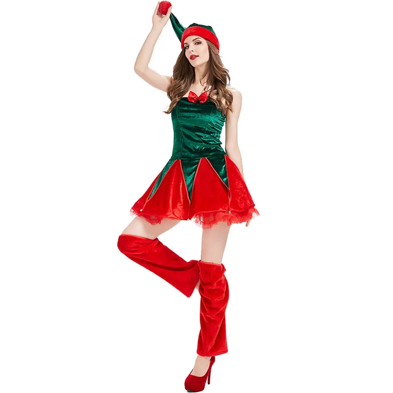 

Woman Christmas Costume Red Green Elf Cos Plush Hat Strapless Dress Footwear 3Pcs Set Halloween Performance Suit Sexy Dresses