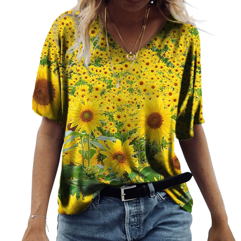 

Vrouwen Kleding Voor Zomer Korte Mouw Tops Fashion Casual 3D Afdrukken V-hals Losse Splice Zonnebloemen Hete Verkoop Truien