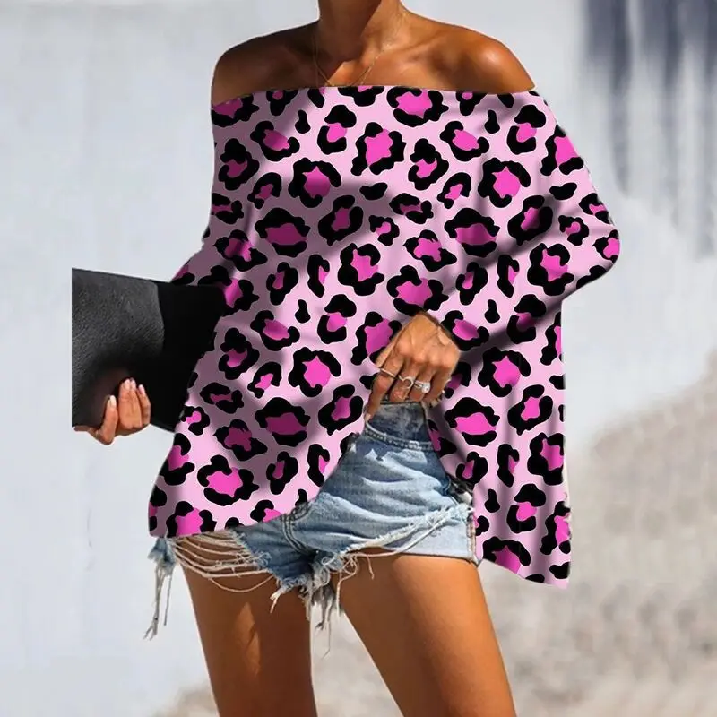 

Женская свободная футболка на одно плечо, с леопардовым принтом и длинными рукавами летучая мышь, в европейском и американском стиле, Осень-...