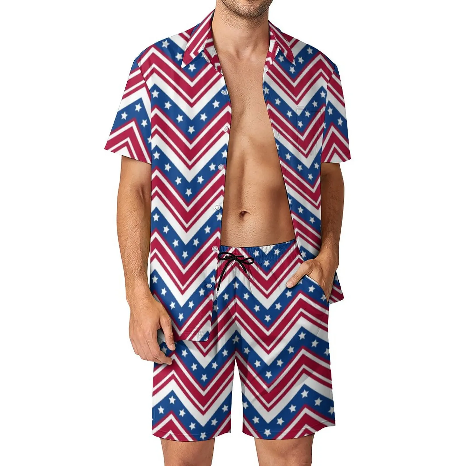 

Zigzag Stripes Men Sets White Stars Print Casual Shirt Set Trending Beach Shorts Summer Design Suit 2 Piece Clothing Plus Size
