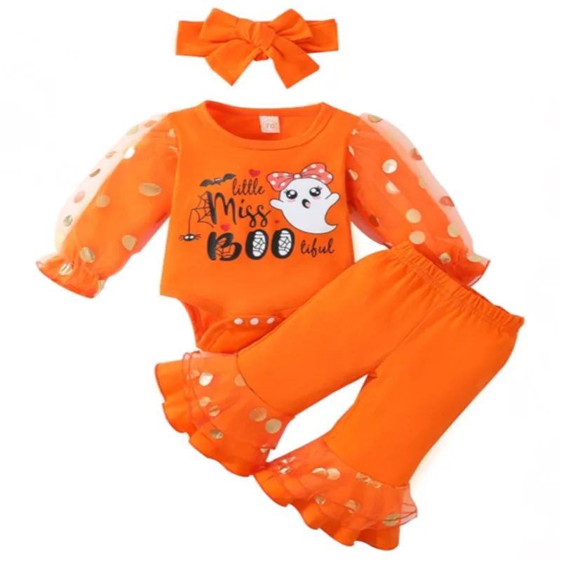 3 Pcs Baby Girl Pants Set Halloween Long Sleeve Letters Ghost Print Romper with Patchwork Flare Pants and Headband Outfits
3 Pcs Baby Girl Pants Set Halloween Long Sleeve Letters Ghost Print Romper with Patchwork Flare Pants and Headband Outfits