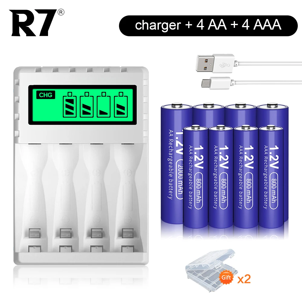 

R7 1.2V AA 2000mAh rechargeable battery + 4pcs 800mAh AAA NI-MH battery with 4-slot Quick Battery Charger