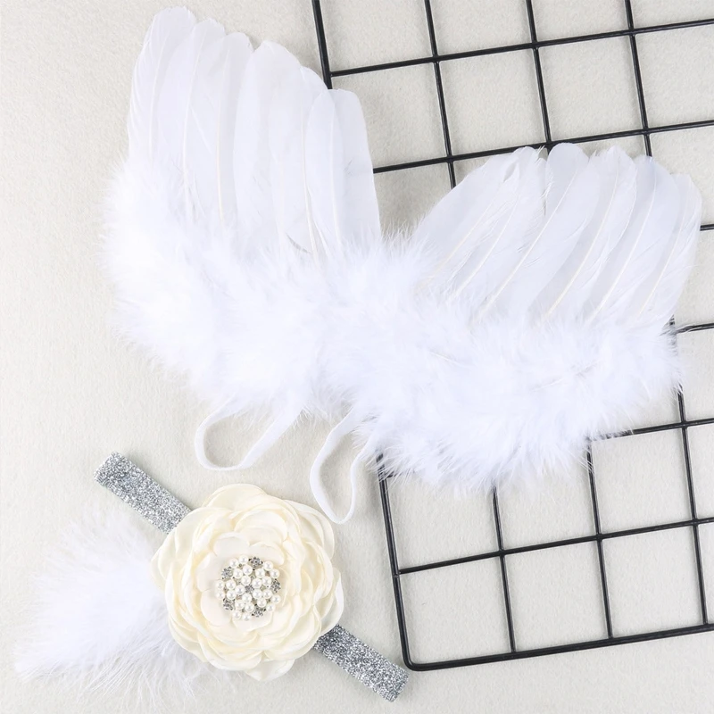 

Angel Wing Halo Headband Set White Feather Wings with Flower Bow Head band Hair Clip Infant Photography Costume 2022 New