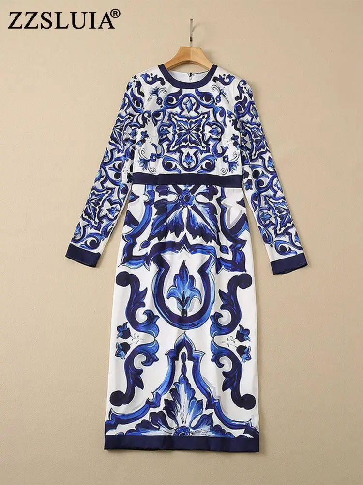 

ZZSLUIA Slik платья для женщин синие и белые фарфоровые принты дизайнерское тонкое платье миди с длинным рукавом винтажные элегантные платья