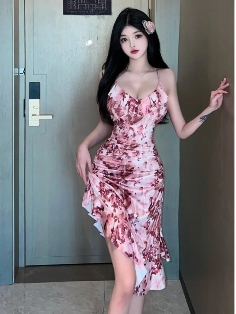 

Floral Print Sexy Backless Lace Up Irregular Dress Folds Exquisite Sweet Cute Women 2023 Summer Fashion New Flounce PRPC