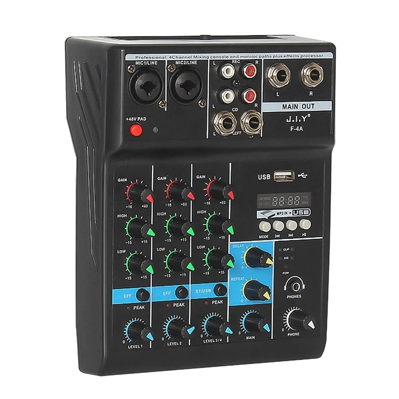 J.I.Y Professional 4-Channel Mixing Console Home Computer Stage Mini Mixer With Sound Card Effects With BT Connection
J.I.Y Professional 4-Channel Mixing Console Home Computer Stage Mini Mixer With Sound Card Effects With BT Connection