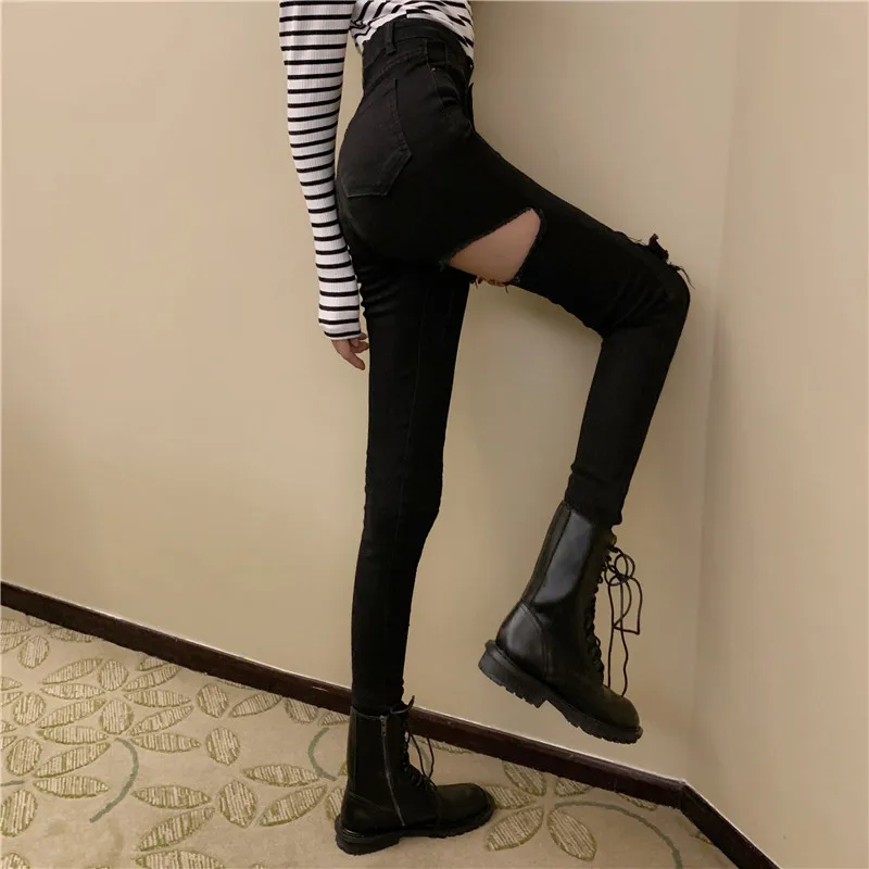 2022 сексуальные рваные джинсовые брюки с высокой талией, женские брюки, джинсы-карандаш, женские узкие брюки больших размеров 5xl, черные джинсы KZ245