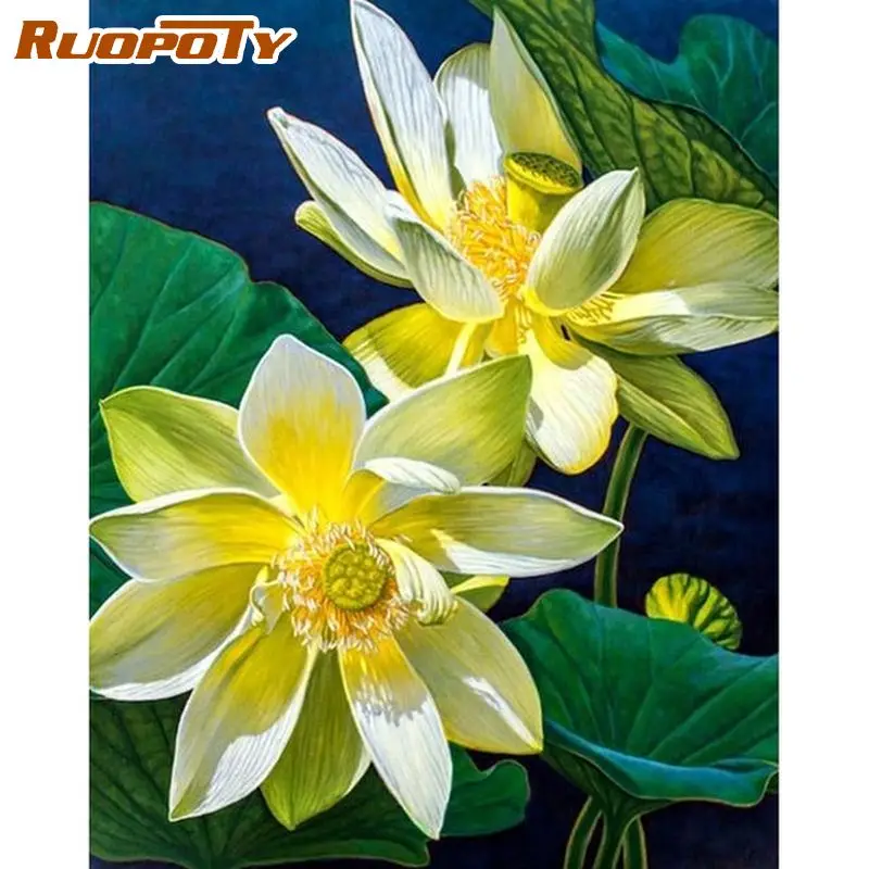 

RUOPOTY Acrylic Paint Frame Diy Painting By Numbers For Adults Lotus Flowers Diy Paint With Numbers Handicrafts For Home Decors