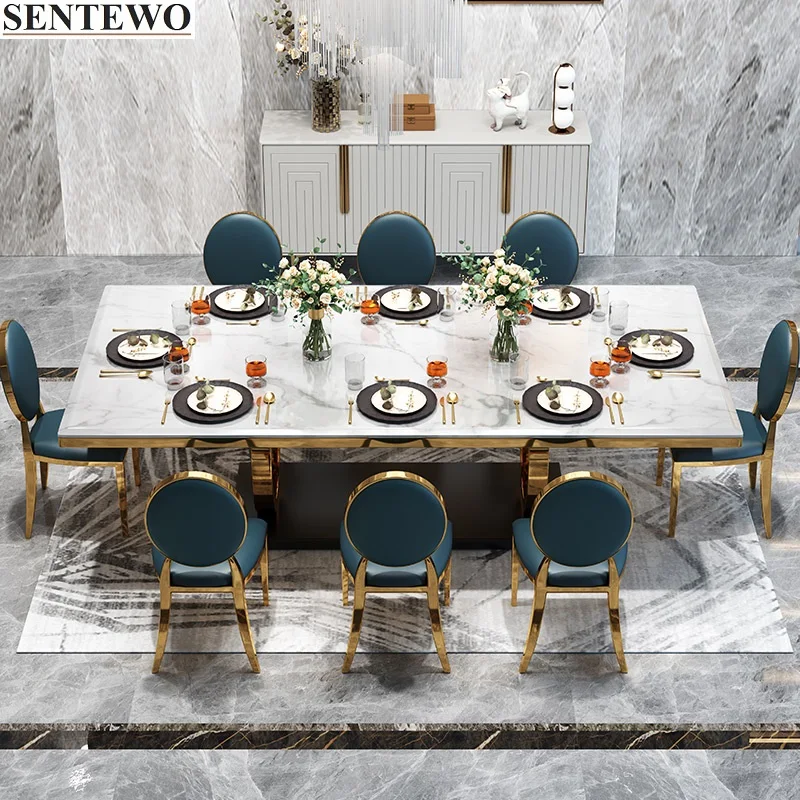 SENTEWO Luxury Marble Dining Table and 8 Dinning Chairs Stainless Steel Golden Leg Frame Dinner Table Chair Set Haute De Cuisine
SENTEWO Luxury Marble Dining Table and 8 Dinning Chairs Stainless Steel Golden Leg Frame Dinner Table Chair Set Haute De Cuisine