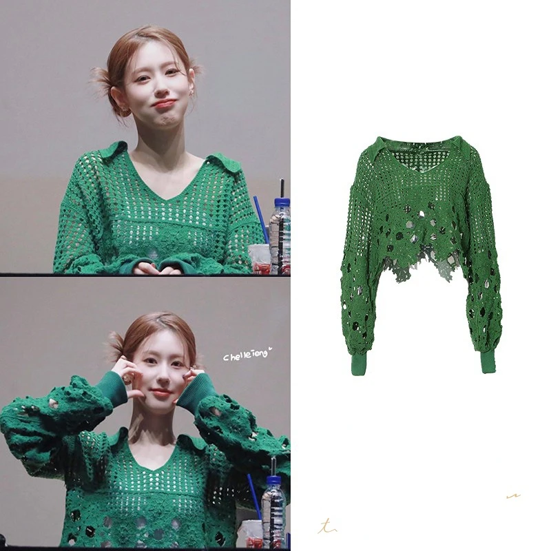 Kpop GIDLE Green Vintage V-Neck Hollow Irregular Knit Sweaters Women High Street Sexy Full Sleeve Cover-Up Short Pullovers Tops 
Kpop GIDLE Green Vintage V-Neck Hollow Irregular Knit Sweaters Women High Street Sexy Full Sleeve Cover-Up Short Pullovers Tops