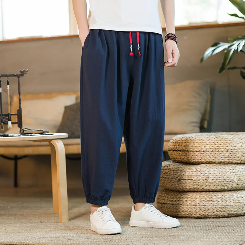 

Asian size Man Solid Fashion Cotton Linen Blended Casual Pants 2023 Summer New Chinese Style Men's Loose Nine Points Trousers