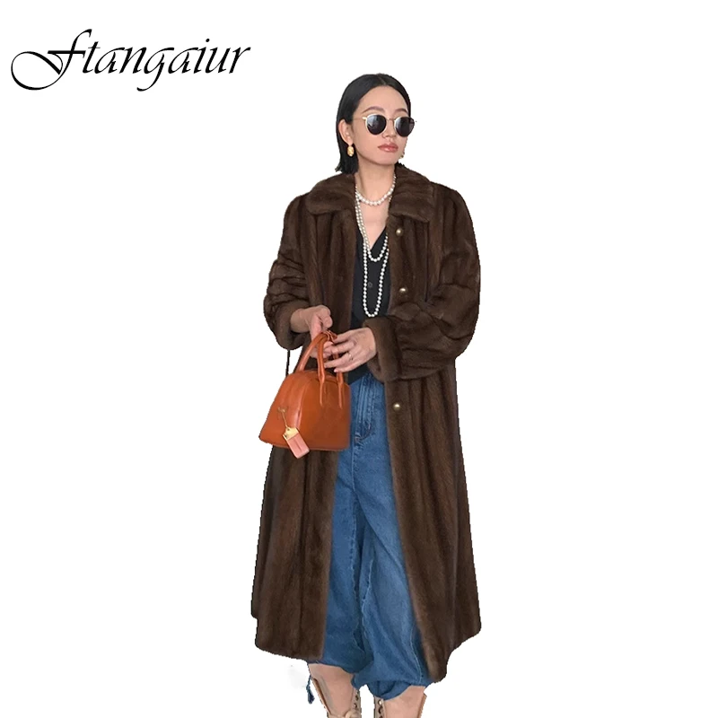 

Зимнее пальто Ftangaiur для женщин, импортное бархатное пальто из меха норки, женское свободное однотонное пальто с отложным воротником из натурального меха норки, длинные пальто