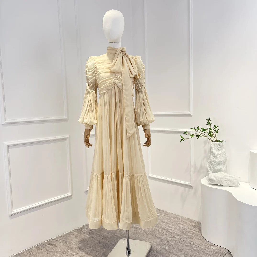 2023 Spring Summer Top Quality Solid Elegant Vintage Frill Beige Lace Up Folds Long Lantern Sleeve Midi Dress
2023 Spring Summer Top Quality Solid Elegant Vintage Frill Beige Lace Up Folds Long Lantern Sleeve Midi Dress