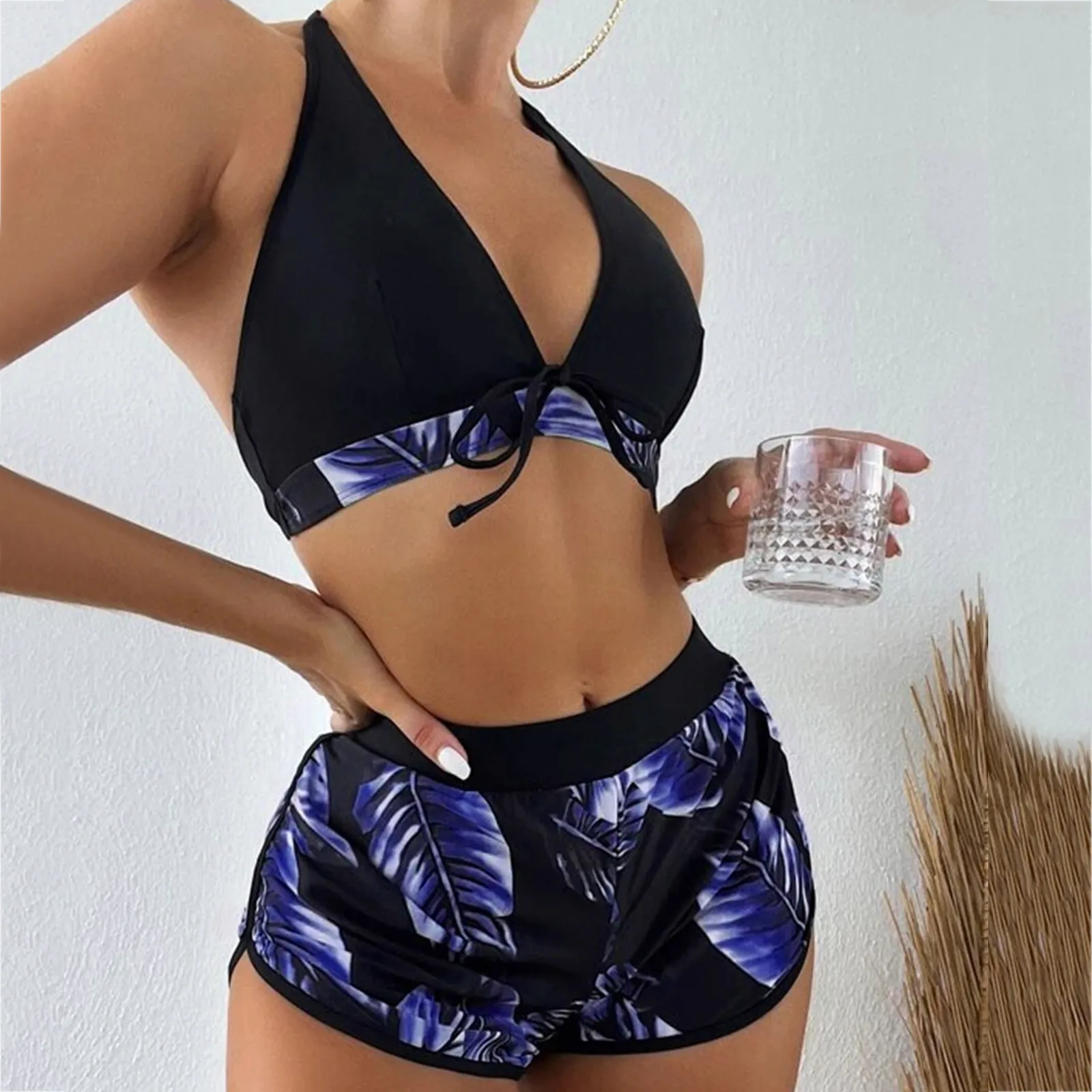 

Women Color 3pack Tropical Print Halter Bikini Swimsuit With Swim Shorts Split Push Up Three Piece Beachwear Swimwear