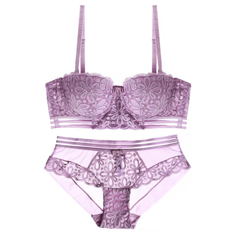 

Wasteheart For Women Purple Lace Trim Mesh Padded Bras Bralette Cotton Panties Push Up Sexy Lingerie Set Underwear Underwire