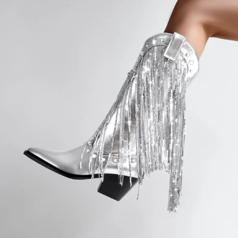 Paillette Sequin Fringe Knee High Boot Silver Metallic Leather Block Heels Chelsea Boots Pointed Toe Studded Pearls Tassels Boot
Paillette Sequin Fringe Knee High Boot Silver Metallic Leather Block Heels Chelsea Boots Pointed Toe Studded Pearls Tassels Boot