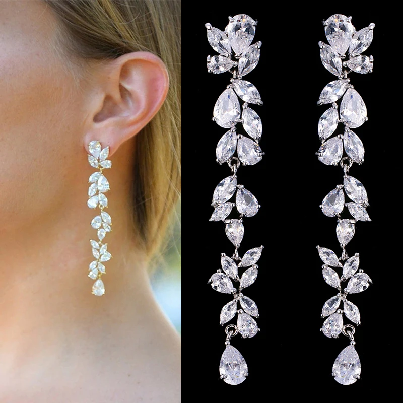 

Luxury Wedding Design Leaf Ear Long Dangle Drop Earrings Jewelry Cubic Zironia Bride Earings Brincos for Women Bijoux