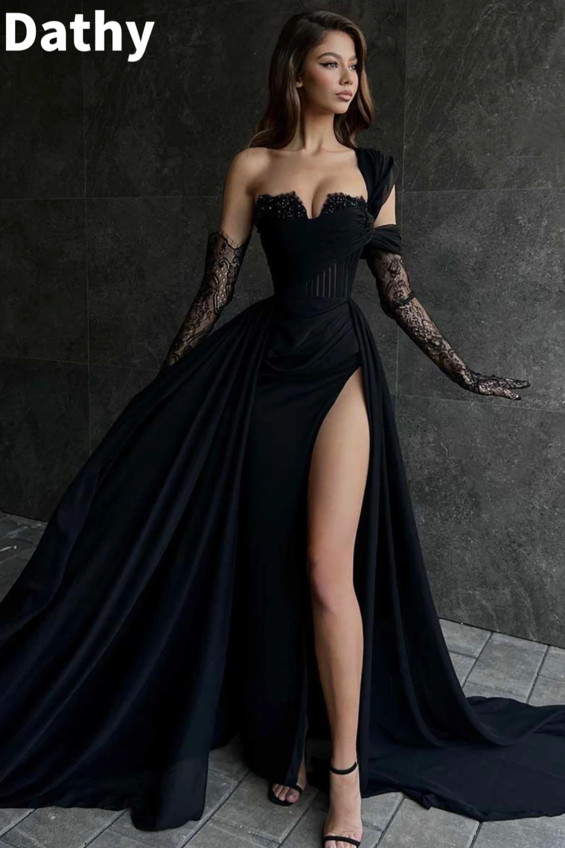 Dathy Black Heavy Industry Dress Gothic Sleeved Sweeping Dress A Thread Silk Satin Italian Noodle Party Dress Evening Dress
Dathy Black Heavy Industry Dress Gothic Sleeved Sweeping Dress A Thread Silk Satin Italian Noodle Party Dress Evening Dress
