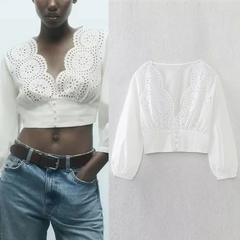 TRAF White Crop Top Woman Elegant V-Neck Openwork Embroidery Tops Long Sleeves Back Elastic Waist Short Blouses Chic Y2K Clothes
TRAF White Crop Top Woman Elegant V-Neck Openwork Embroidery Tops Long Sleeves Back Elastic Waist Short Blouses Chic Y2K Clothes