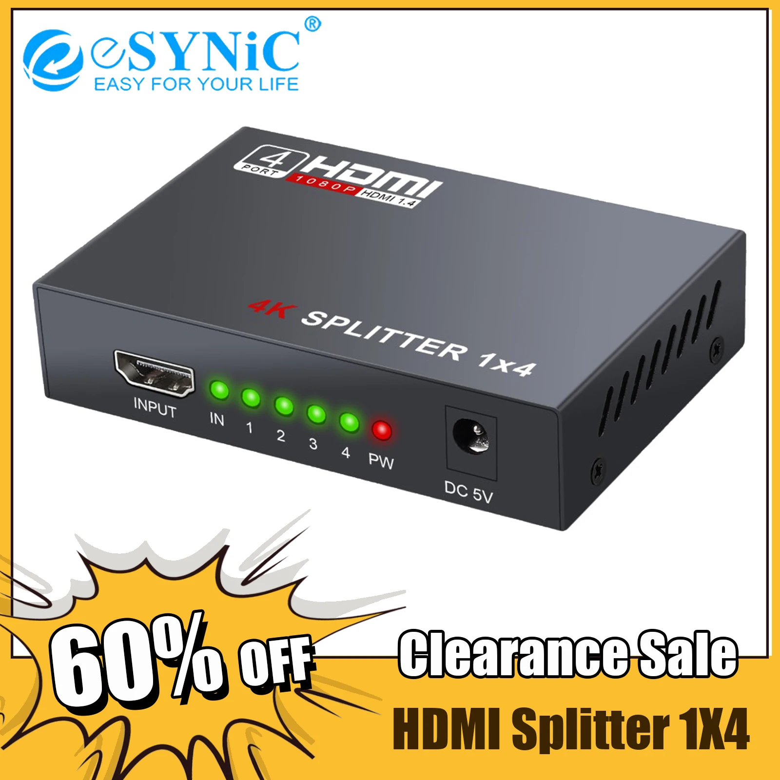 

eSYNiC HDMI 1.4 Splitter 1 in 4 Out V1.4 Powered Box HD 1080P 4K/2K 3D Resolutions PC STB PS3 Roku Blu-Ray Player HDTV AU Plug