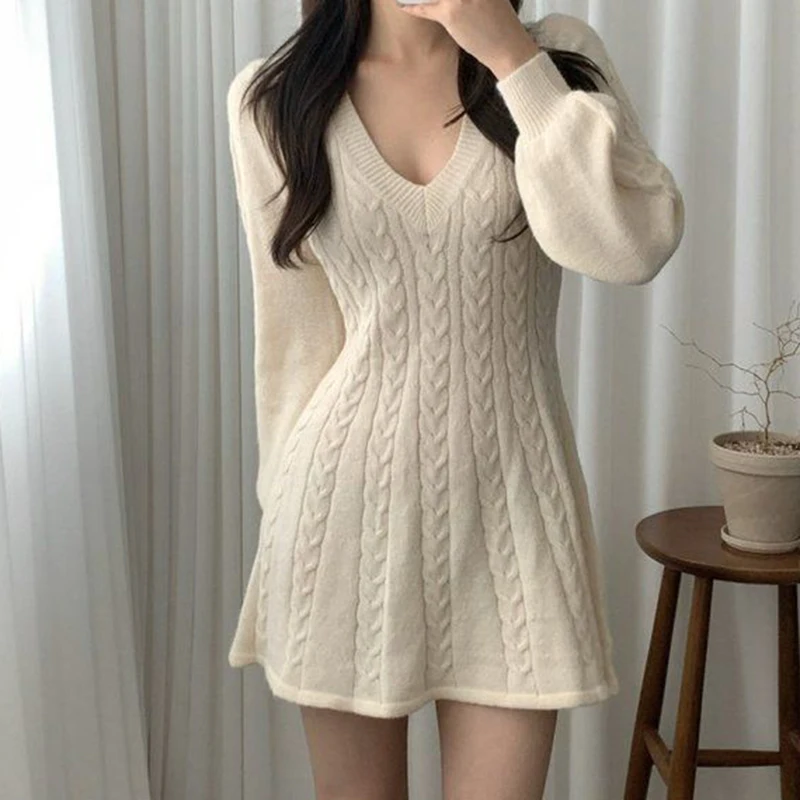 

Осенне-зимнее трикотажное платье с длинным рукавом, женские корейские платья-свитеры с V-образным вырезом, женское однотонное цельнокроеное платье, новинка 2023, женское платье