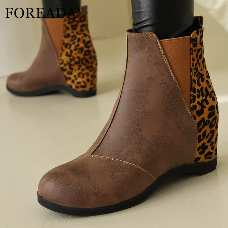 

FOREADA Women Ankle Boots Round Toe Height Increasing High Heel Mixed Colors Chelsea Short Boot Lady Fashion Shoes Autumn Winter