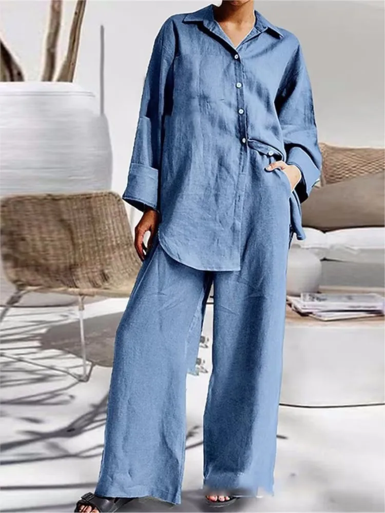 Women's Spring Autumn Casual Wide Leg Pant Suit Set Long Sleeve Buttons Blouse Top Two-Piece Vacation Outfit For Female 2023
Women's Spring Autumn Casual Wide Leg Pant Suit Set Long Sleeve Buttons Blouse Top Two-Piece Vacation Outfit For Female 2023