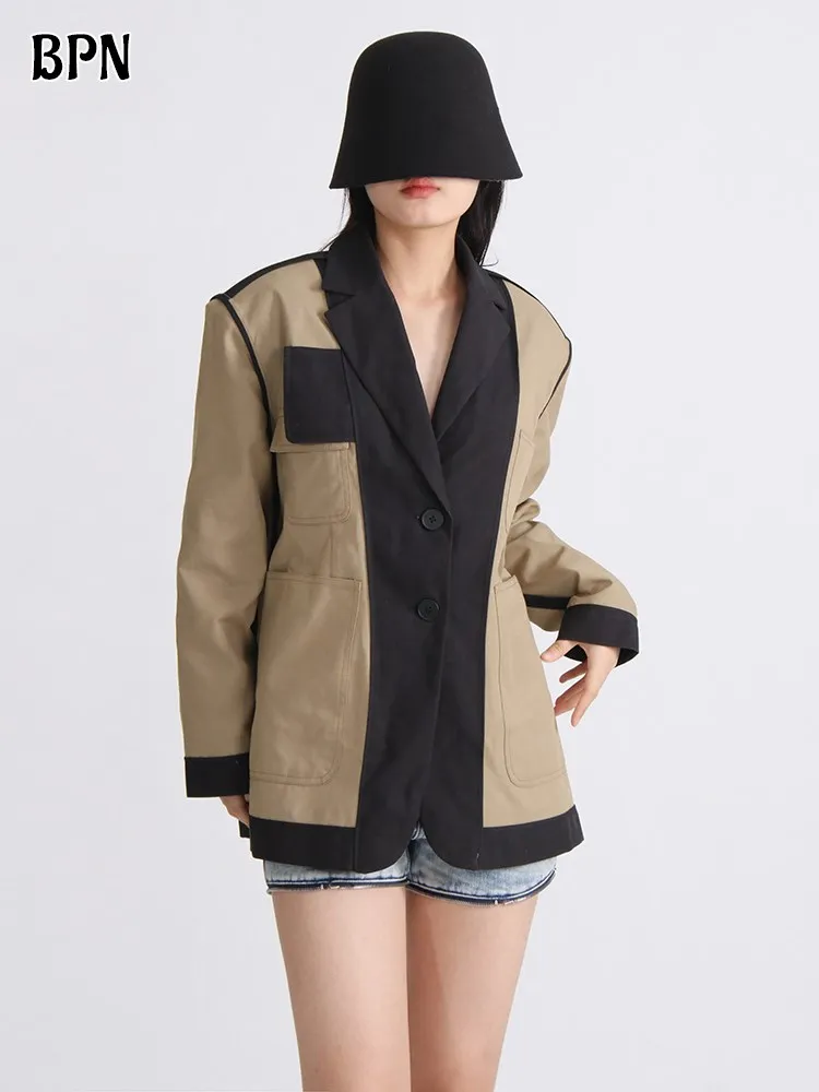 BPN Vintage Autumn Jackets For Women Notched Collar Long Sleeve Patchwork Pockets Causal Loose Autumn Blazers Female Fashion New
BPN Vintage Autumn Jackets For Women Notched Collar Long Sleeve Patchwork Pockets Causal Loose Autumn Blazers Female Fashion New