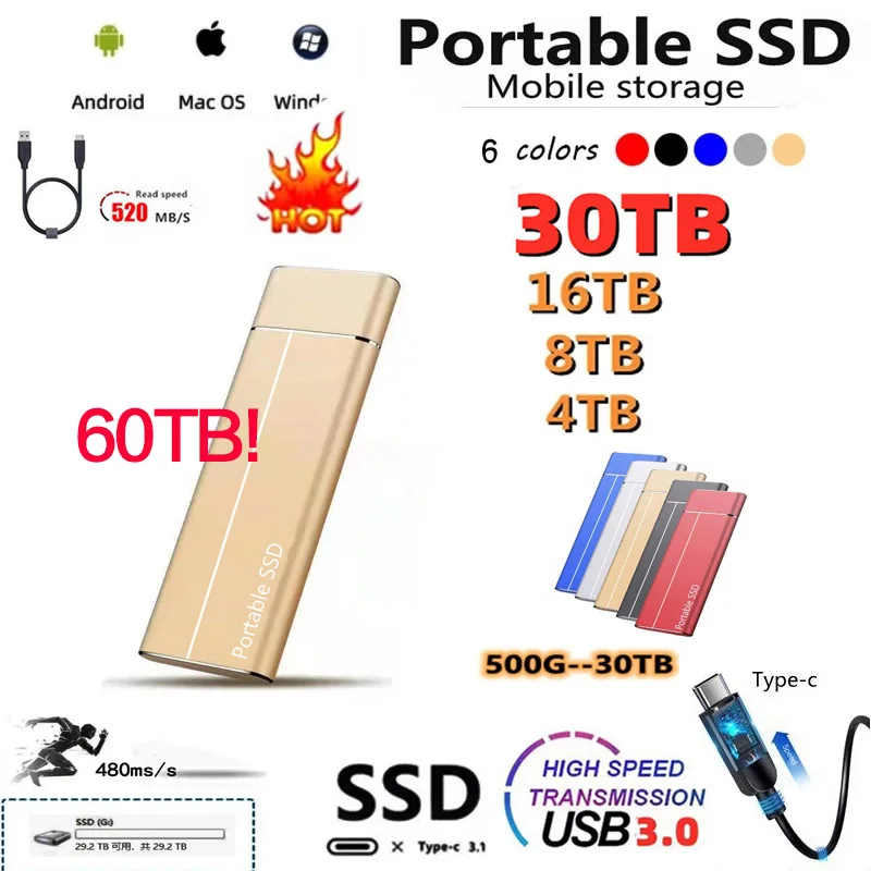SSD External 16TB 4TB Mobile Solid State Drive Flash Drive Portable TypeC USB Mini Slim High Speed Transfer Flash Memory Device
SSD External 16TB 4TB Mobile Solid State Drive Flash Drive Portable TypeC USB Mini Slim High Speed Transfer Flash Memory Device
