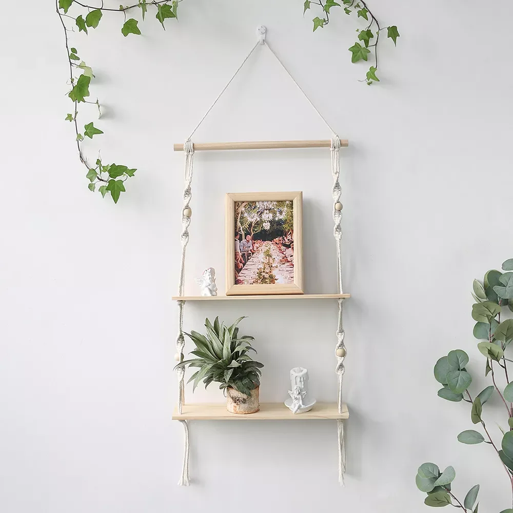 Double Layer Macrame Hanging Shelves Floating Shelf For Plants Boho Home Decor Wood Wall Shelves for Bedroom, Living Room
Double Layer Macrame Hanging Shelves Floating Shelf For Plants Boho Home Decor Wood Wall Shelves for Bedroom, Living Room