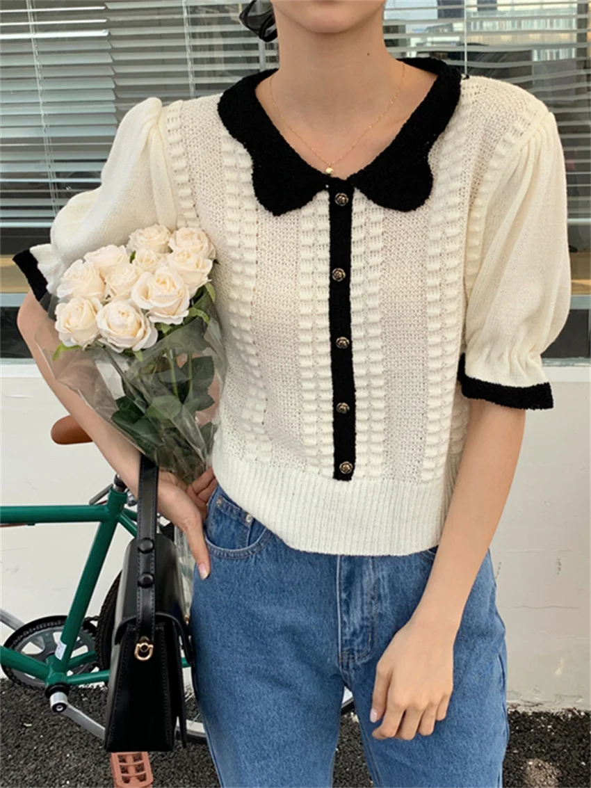 Knitted Women Summer Jumpers Retro Patchwork Short Sleeves 2022 Gentle Office Lady Puff Sleeve Pullover Sweaters
Knitted Women Summer Jumpers Retro Patchwork Short Sleeves 2022 Gentle Office Lady Puff Sleeve Pullover Sweaters