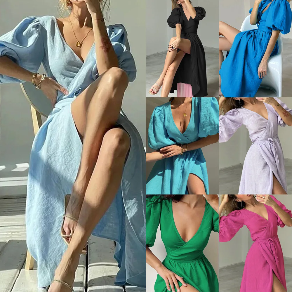 Summer Fashion Women's Temperament Elegant Bubble Sleeve A-Line Dress Split Design Casual Pleated High Waist V-Neck Midi Dresses
Summer Fashion Women's Temperament Elegant Bubble Sleeve A-Line Dress Split Design Casual Pleated High Waist V-Neck Midi Dresses