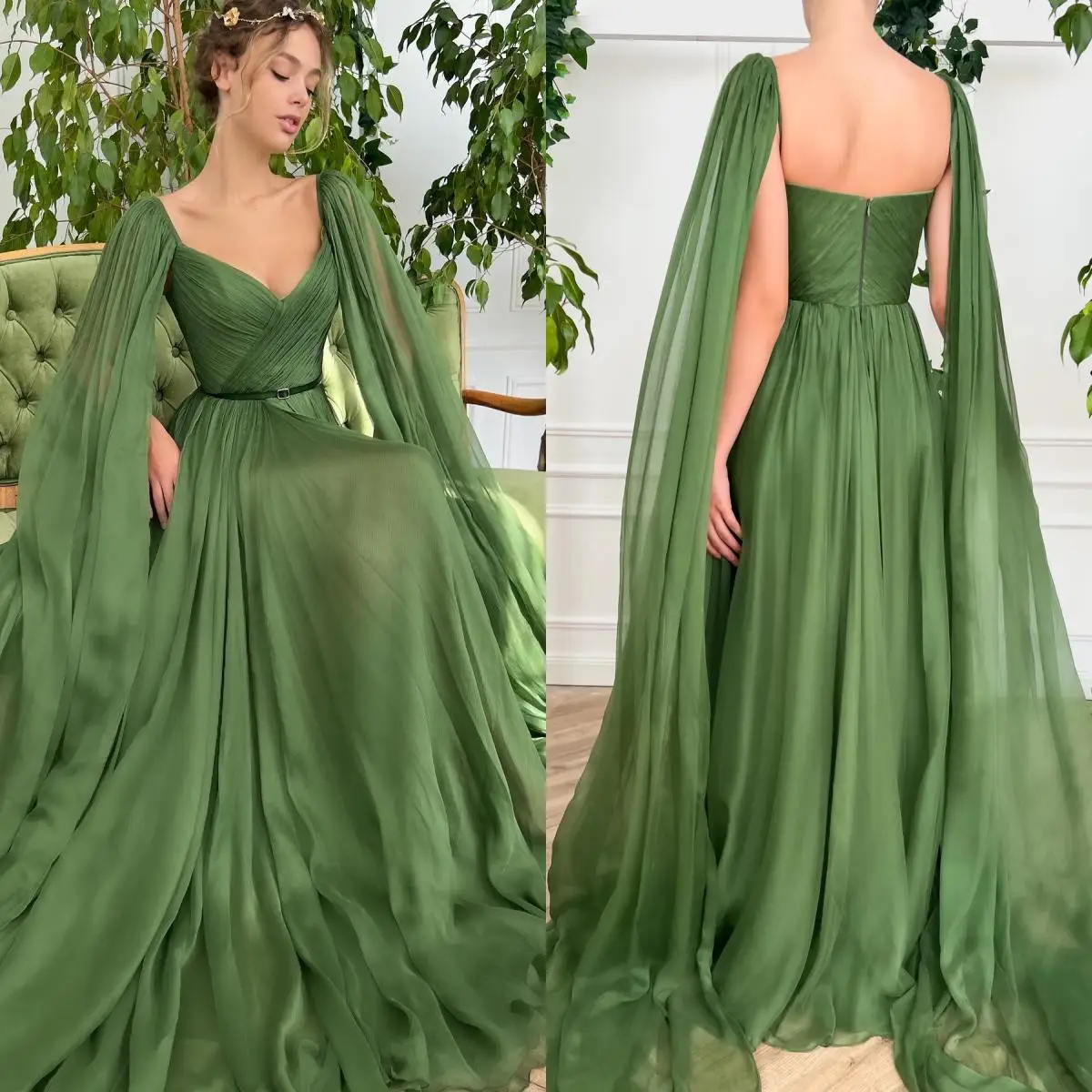 

14889#Fairy Green A-line Prom Dress With Shawl 100D Chiffon Party Dress With Belt Sweep Train Evening Dresses Vestidos De Noche