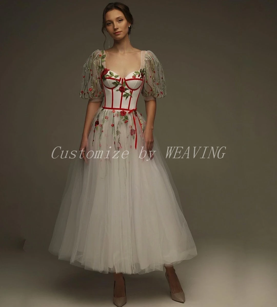 Ivory Tulle Sweetheart Embroidery Prom Dresses Puff Sleeves Ankle Length Arabic Dubai Women Wedding Party Dress Evening Gowns
Ivory Tulle Sweetheart Embroidery Prom Dresses Puff Sleeves Ankle Length Arabic Dubai Women Wedding Party Dress Evening Gowns