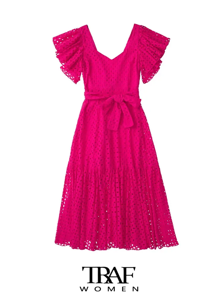 TRAF Women Fashion Tied Belt Cutwork Embroidered Midi Dress Vintage Straight Neck Short Ruffled Sleeves Female Dresses Mujer
TRAF Women Fashion Tied Belt Cutwork Embroidered Midi Dress Vintage Straight Neck Short Ruffled Sleeves Female Dresses Mujer