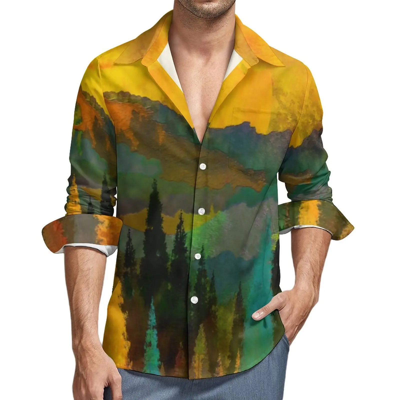 

Sunset Casual Shirts Man Trees and Mountains Shirt Long Sleeve Trendy Y2K Blouses Autumn Custom Clothing Big Size 3XL 4XL