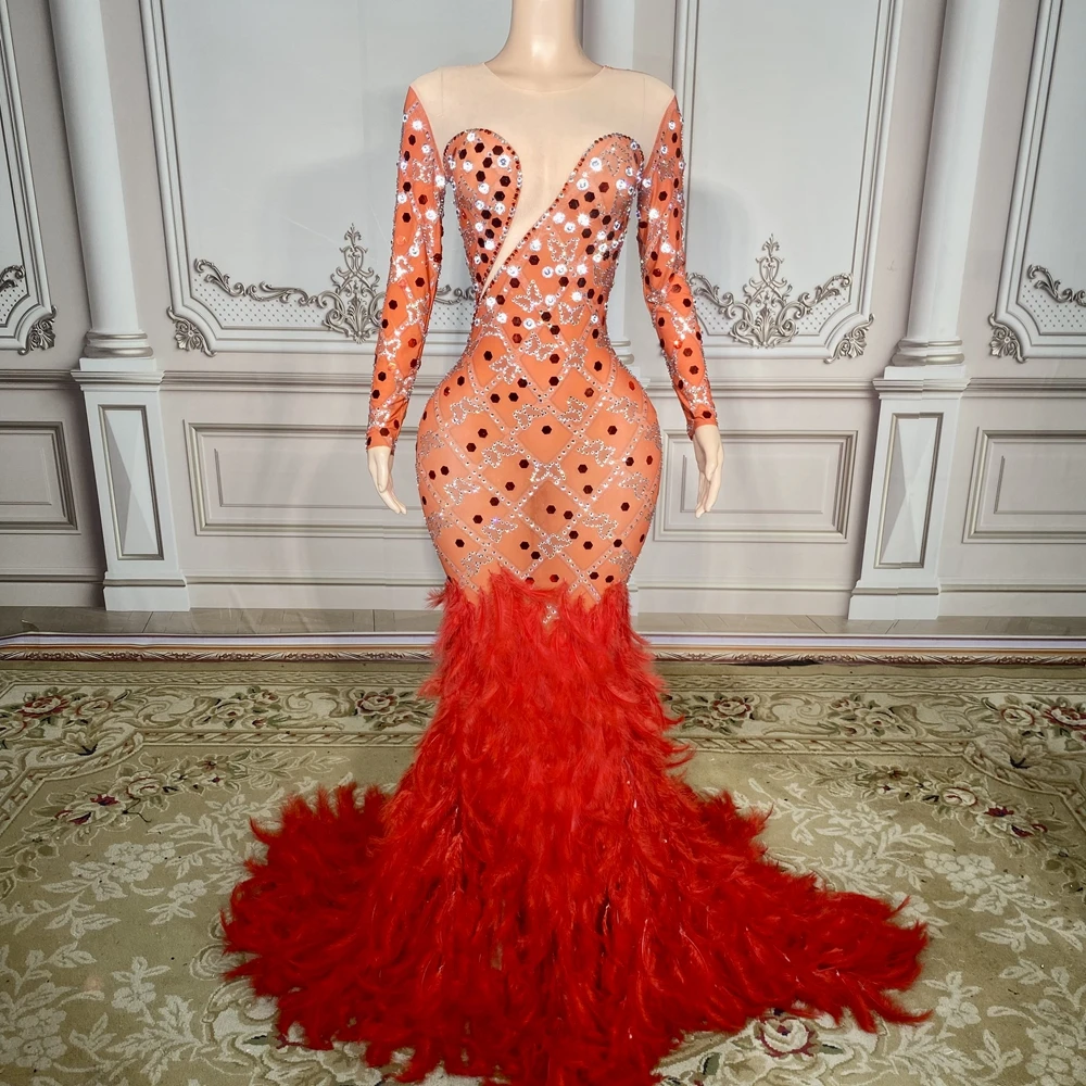 Sparkly Rhinestones Red Sequins Floor-length Feathers Dress for Women Elegant Birthday Celebrate Wedding Evening Prom Dress
Sparkly Rhinestones Red Sequins Floor-length Feathers Dress for Women Elegant Birthday Celebrate Wedding Evening Prom Dress