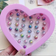 12pcs/set Mixed Rhinestone Bow Heart Ring Baby Kids Girl Childrens Adjustable Alloy Rings For Christmas Gift Without Box