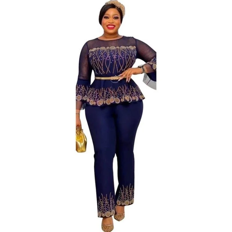 African Clothes For Women 2 Piece Set Mesh Splice Flare Sleeve Tops Outfits Fashion New Diamond Sexy African OL Pant Sets Suits
African Clothes For Women 2 Piece Set Mesh Splice Flare Sleeve Tops Outfits Fashion New Diamond Sexy African OL Pant Sets Suits