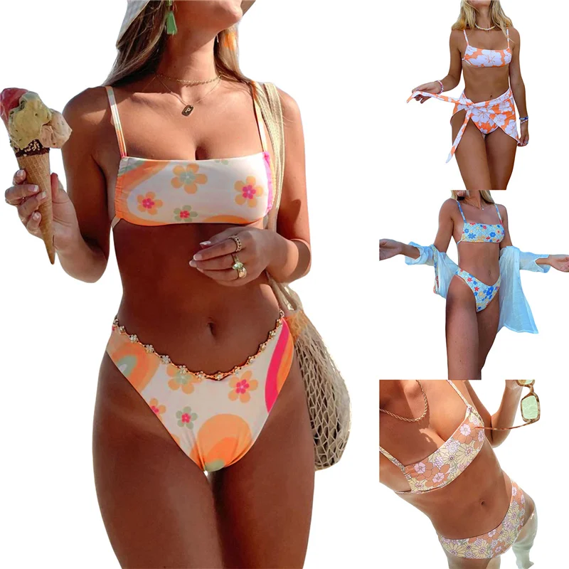 Women 2PCS Bikini Suit, Sling Wire-Free Flowers Tie-Up Push-Up Bra, Low Waist Triangle Pantie, Ladies Summer Beach Swimwear
Women 2PCS Bikini Suit, Sling Wire-Free Flowers Tie-Up Push-Up Bra, Low Waist Triangle Pantie, Ladies Summer Beach Swimwear