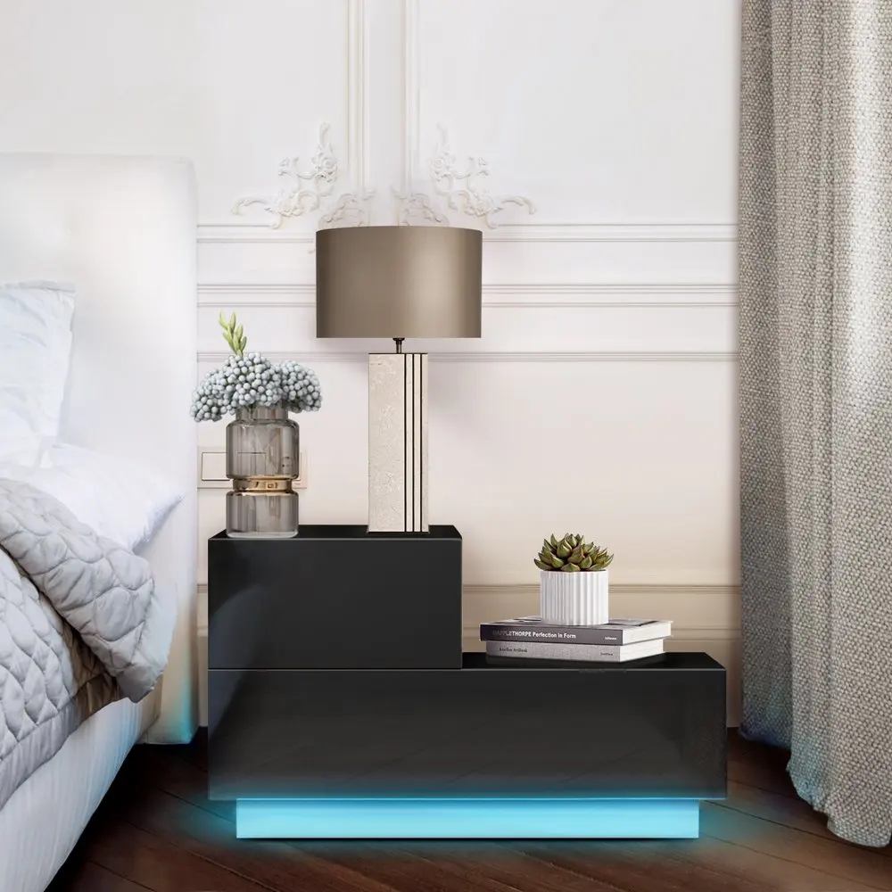 Modern Nightstand High Gloss L-Shaped 2 Drawers Night Stand RGB LED Backlight Bedroom Bedside Table Black Height 16.1in
Modern Nightstand High Gloss L-Shaped 2 Drawers Night Stand RGB LED Backlight Bedroom Bedside Table Black Height 16.1in