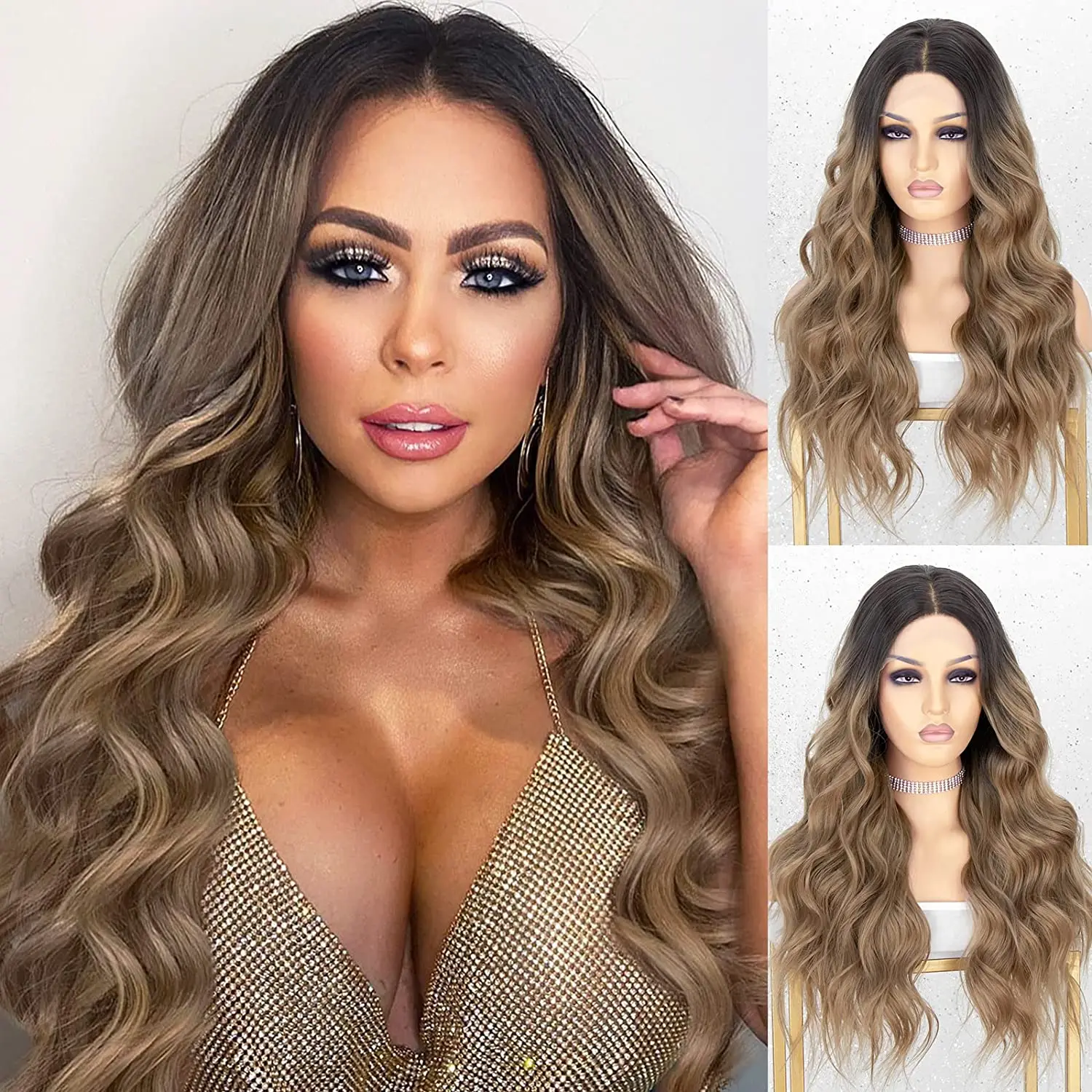 

K'ryssma Dirty Blonde Lace Front Wig Glueless Synthetic Lace Front Wigs with Dark Roots Ombre Long Wavy Synthetic Wig for Women